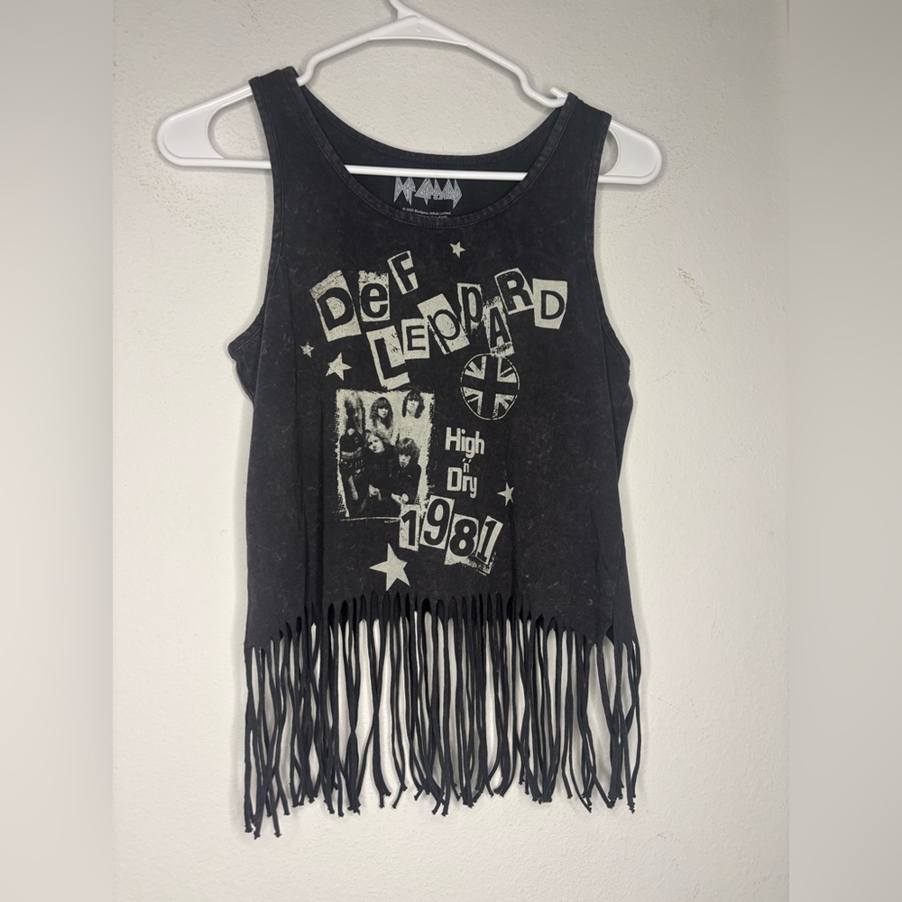 DEF LEPPARD DARK GREY GRAPHIC FRINGE TANK TOP SZ SMALL